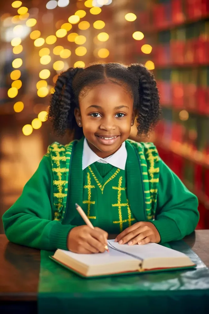 A student in a green school uniform writing in her book